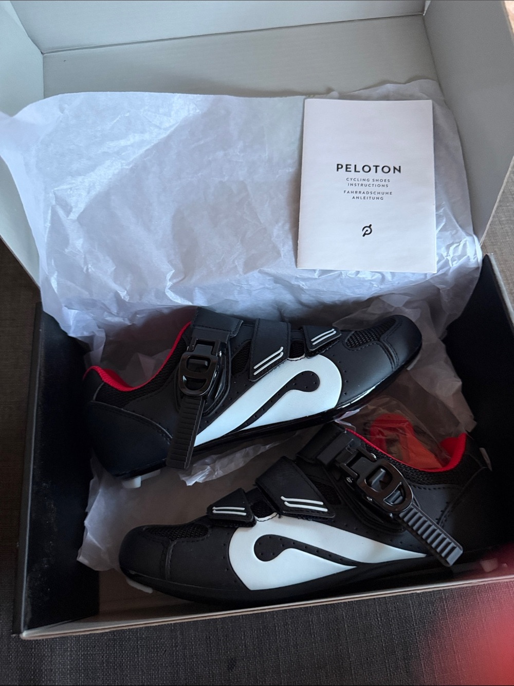 Peloton Black, White & Red Cycling Shoes with Ratchet Closure